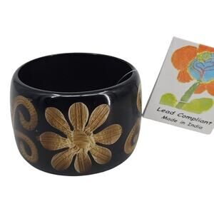 New Dark Brown & Tan Floral Inlay Wood Wide Bangle Bracelet Boho Bohemian Hippie